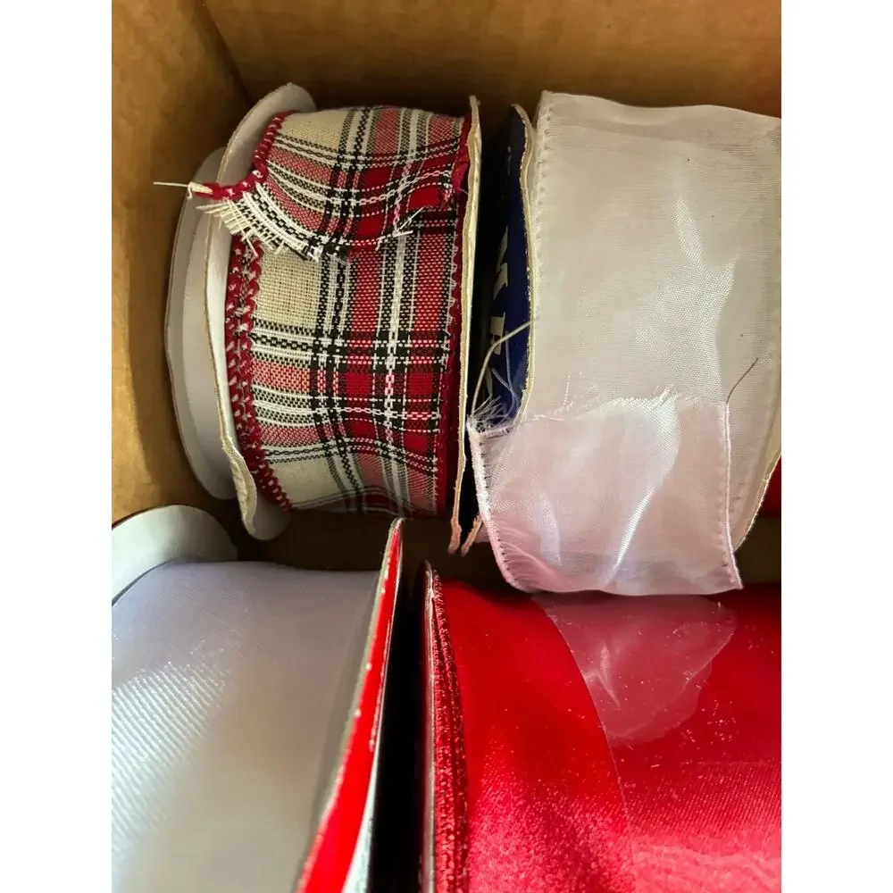 VTG 15 Christmas Holiday Gift Wrapping Ribbon Roll RED White velvet Satin Lot 15